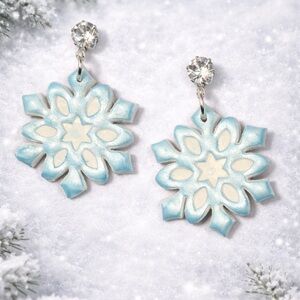 Blue and White Snowflake Drop Handmade Polymer Clay Earrings - Women Jewelry